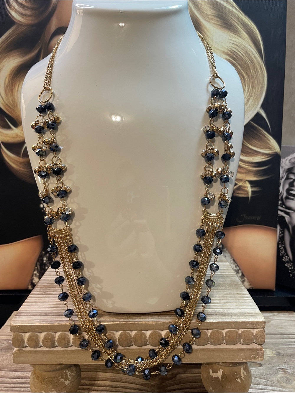 Elegant Gold & Navy Faceted Glass Beaded Multi-Strand Necklace 32”